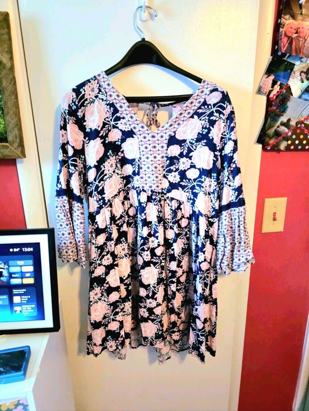 True Craft Floral Boho Peasant Dress Navy Pink Bell Sleeve Size Large